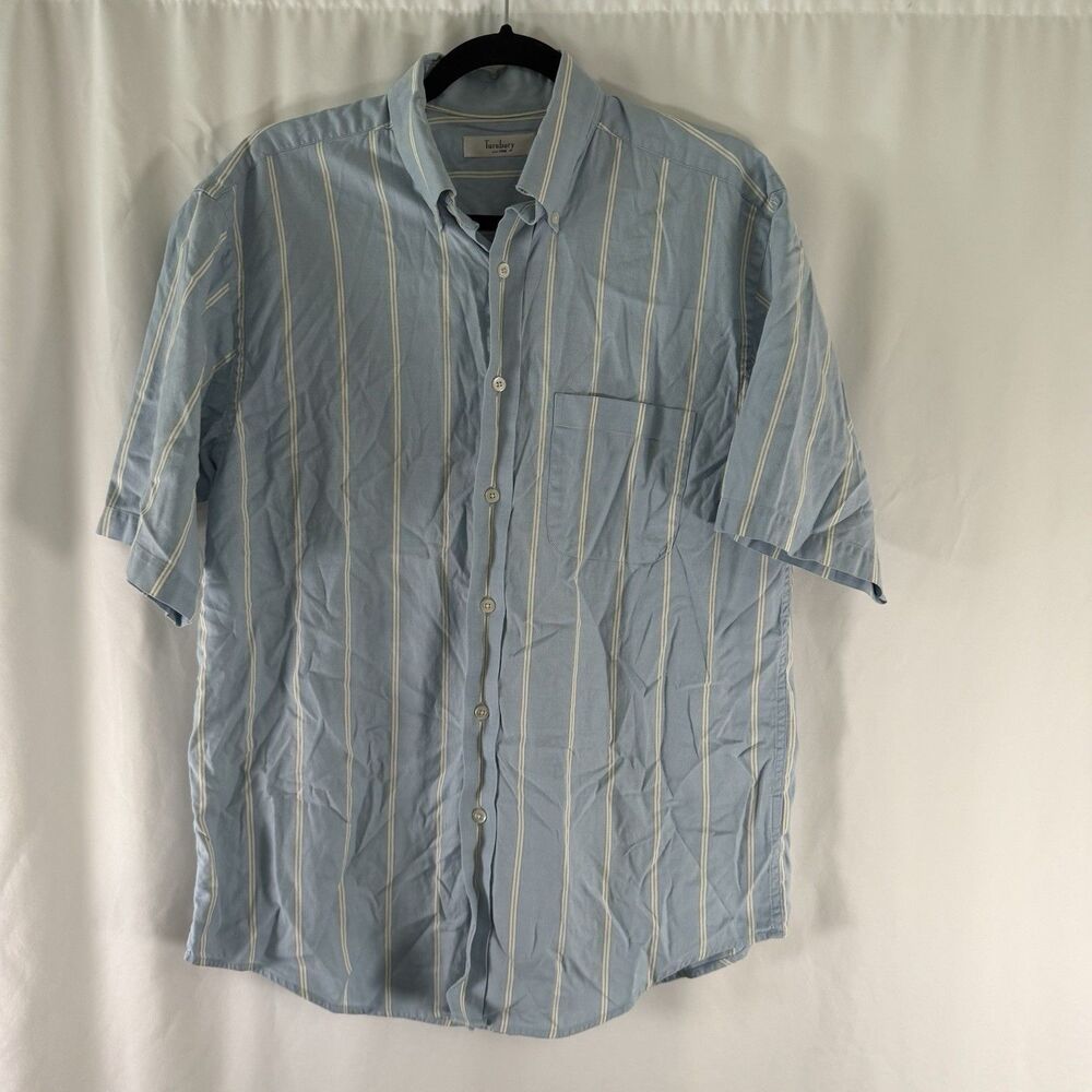 Turnbury Dress Shirt Men's Medium Blue Striped Short Sleeve Collared 100% Cotton